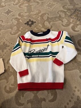Bonpoint White Striped Crewneck Sweater with Red, Yellow & Green Accents